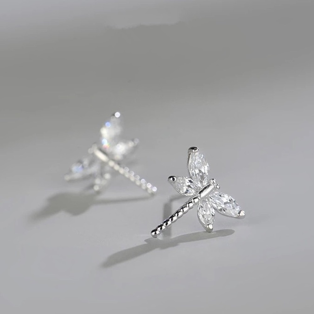 925 Sterling Silver CZ Dragonfly Stud Earrings